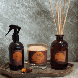 Kit Terras Altas amadeirado masculino com vela, spray e difusor