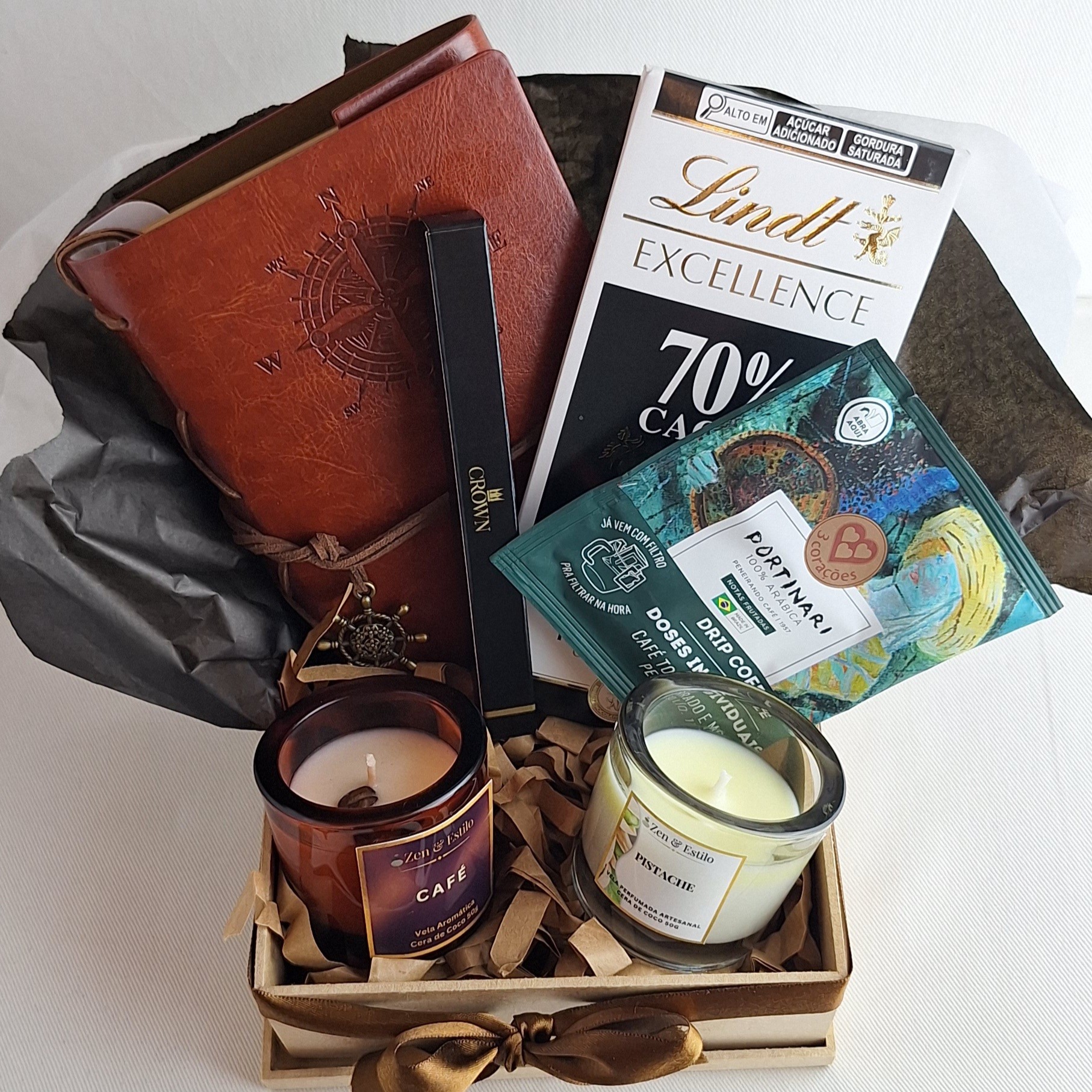 Kit Presente Café & Estilo - Velas, Café, Caderno, Caneta, Lindt e Caixa Madeira - Imagem 9