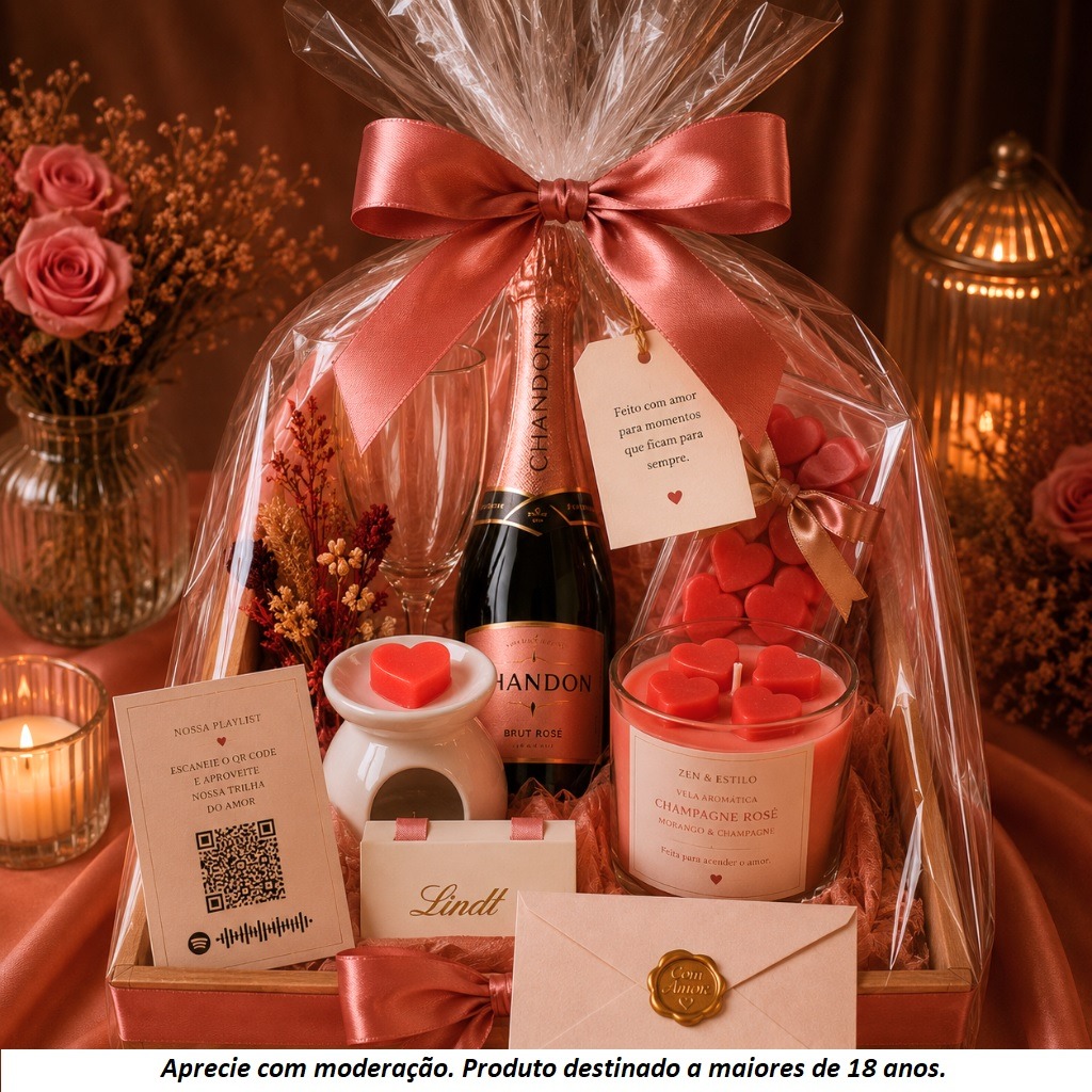 Cesta com Champagne Rose Premium - Zen & Estilo - Presentes Aromáticos